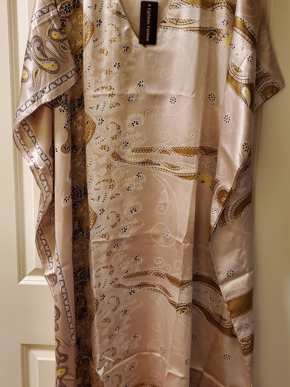 Paisley Satin Lounge Robe in Beige & Gold by